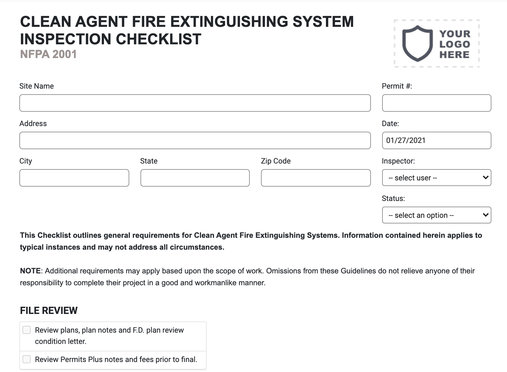 Clean Agent Fire Extinguishing System Inspection Checklist