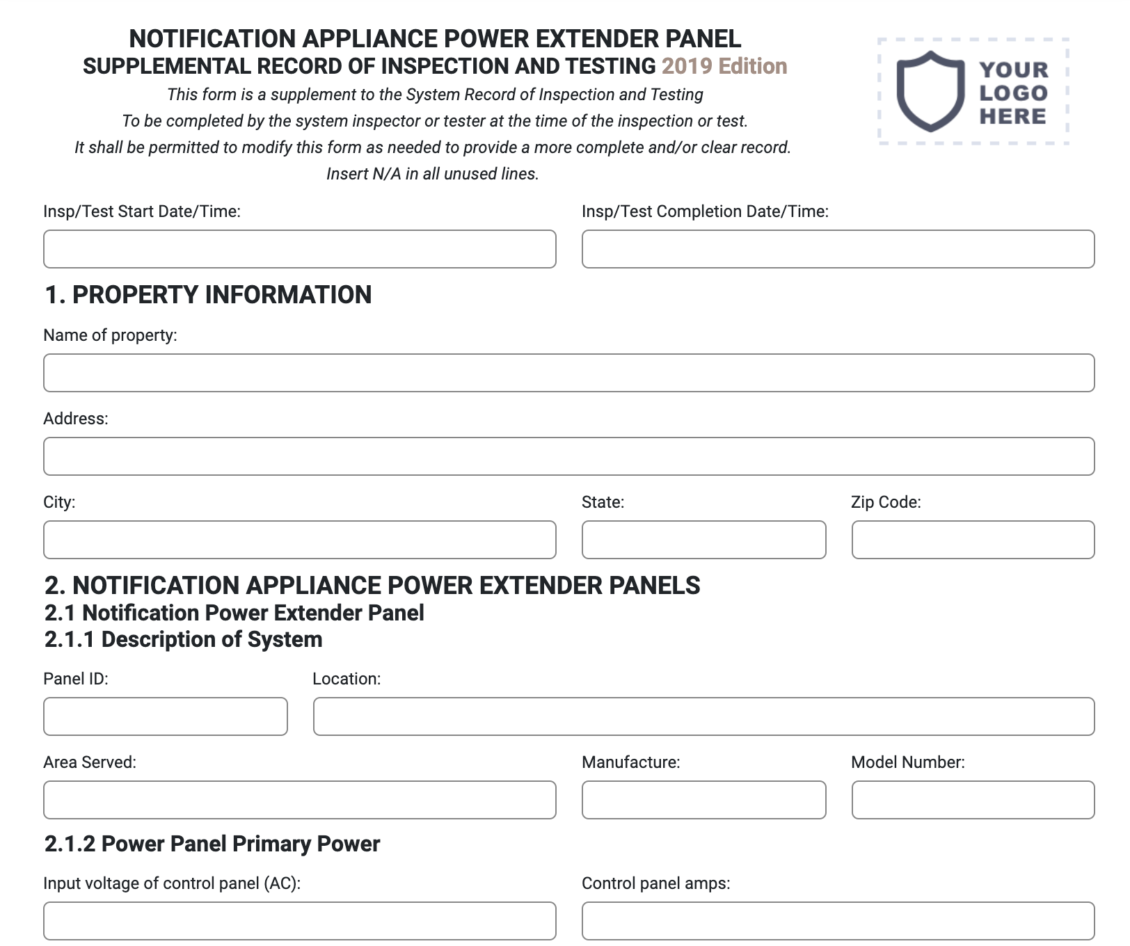Notification Appliance Power Extender Panel Form