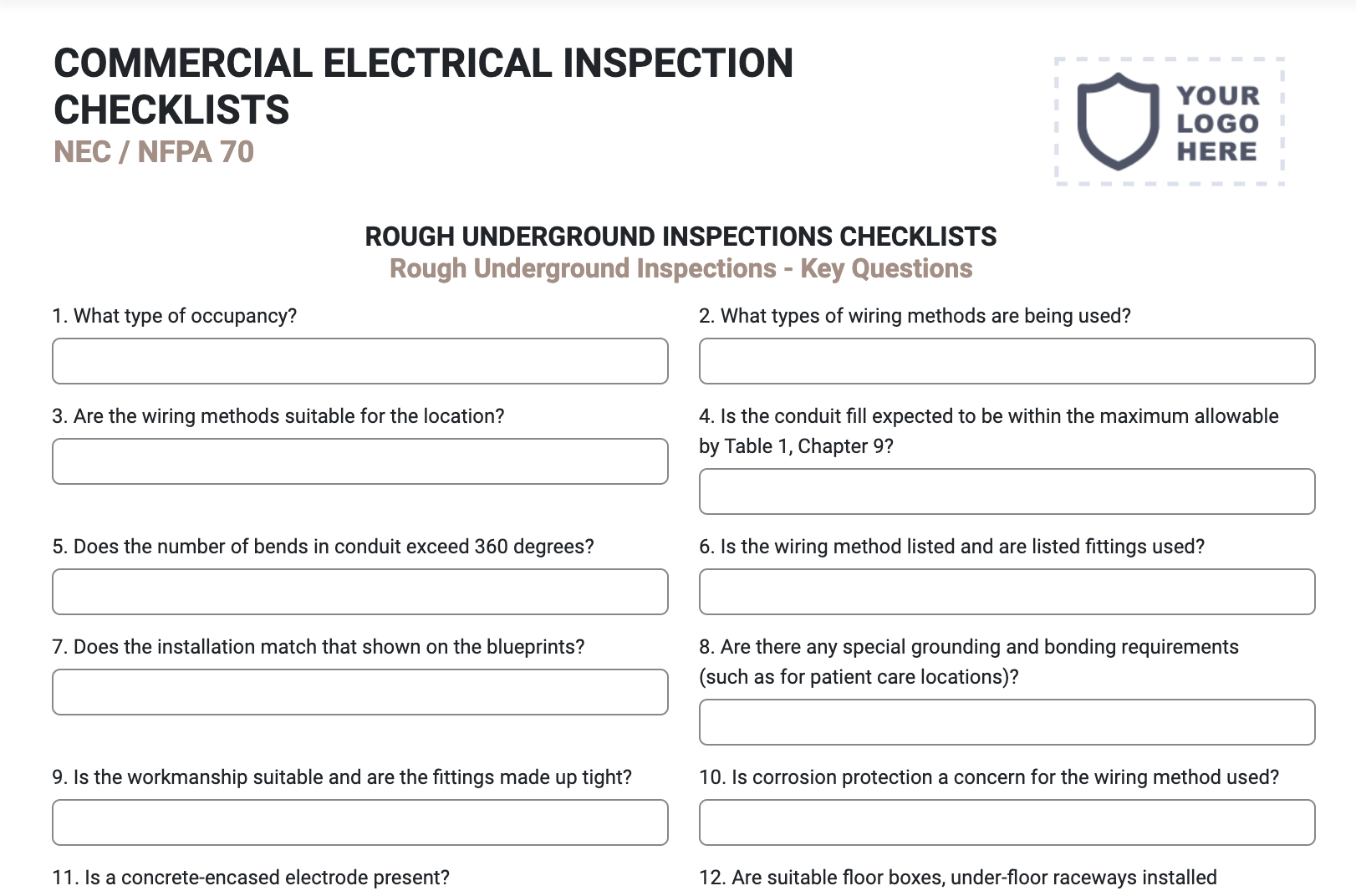 National Electrical Code NEC Inspection Form