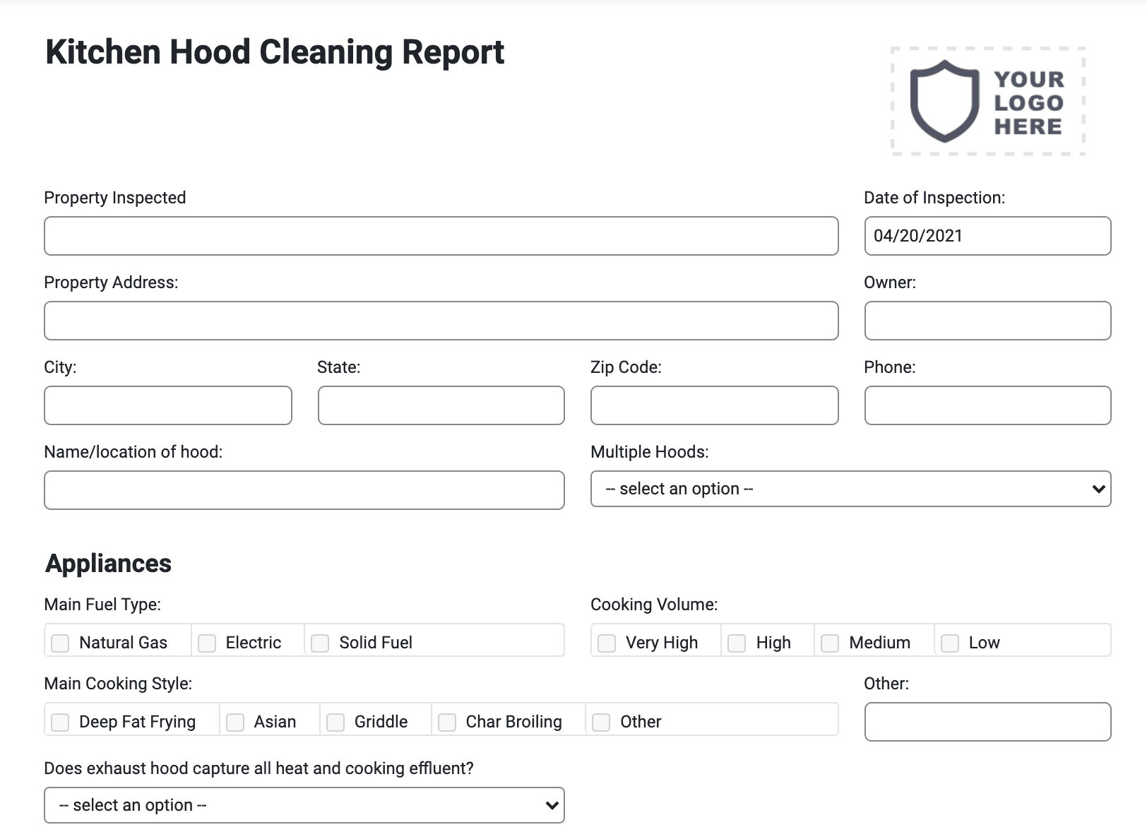 kitchen hood cleaning form