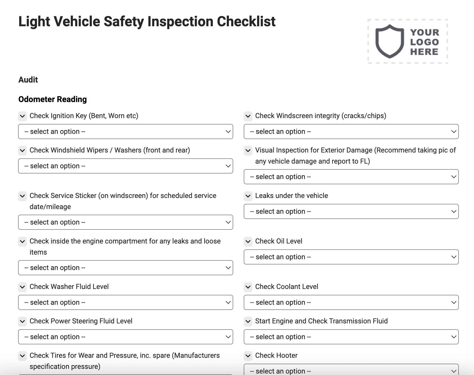 Light Vehicle Safety Inspection Checklist