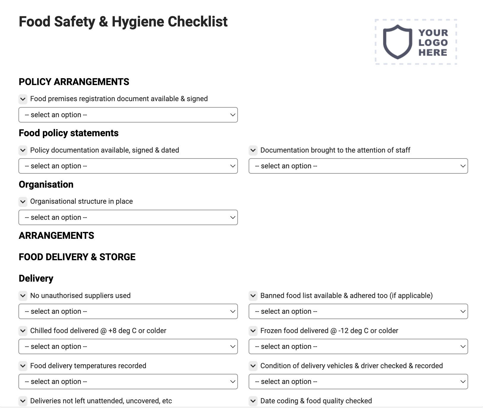 Food Safety & Hygiene Checklist