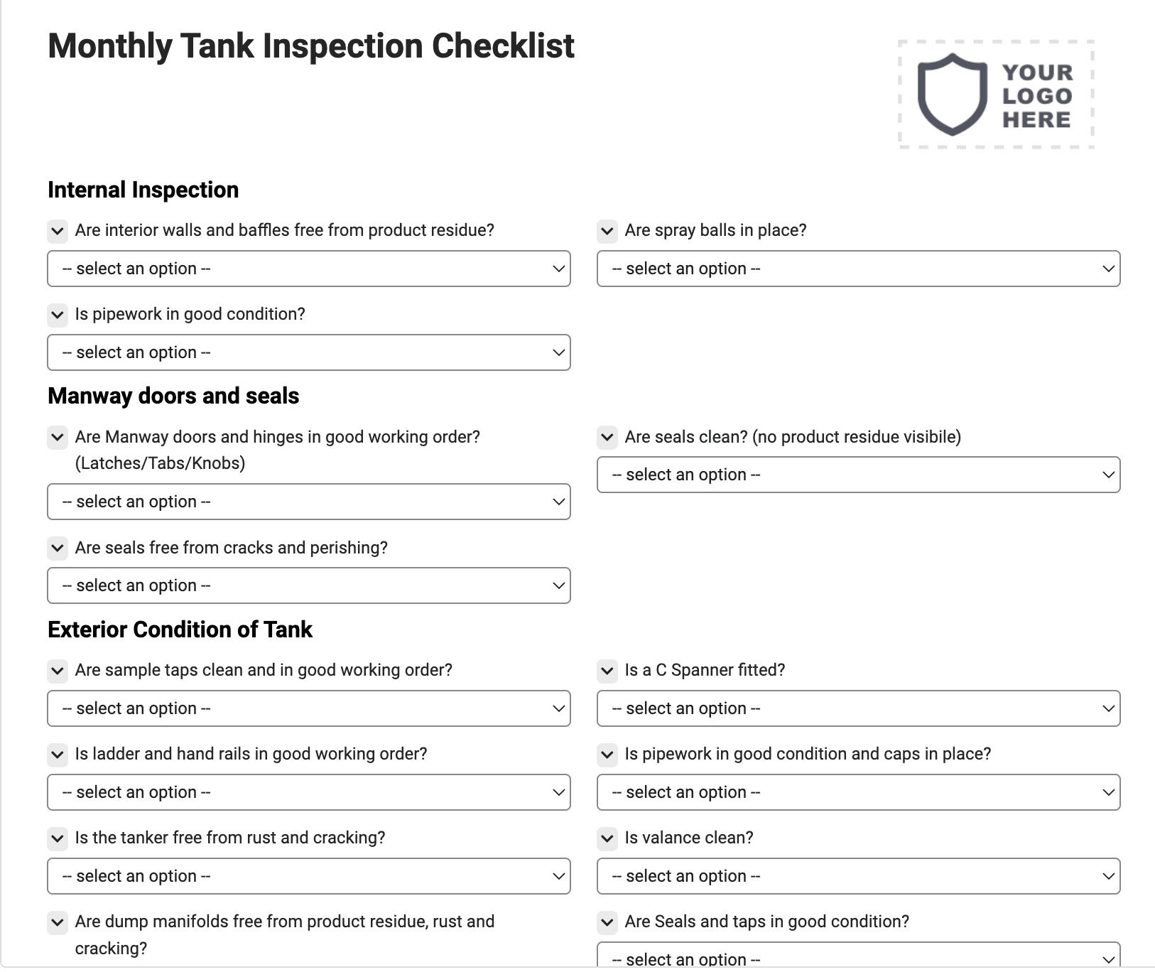 Monthly Tank Inspection Checklist