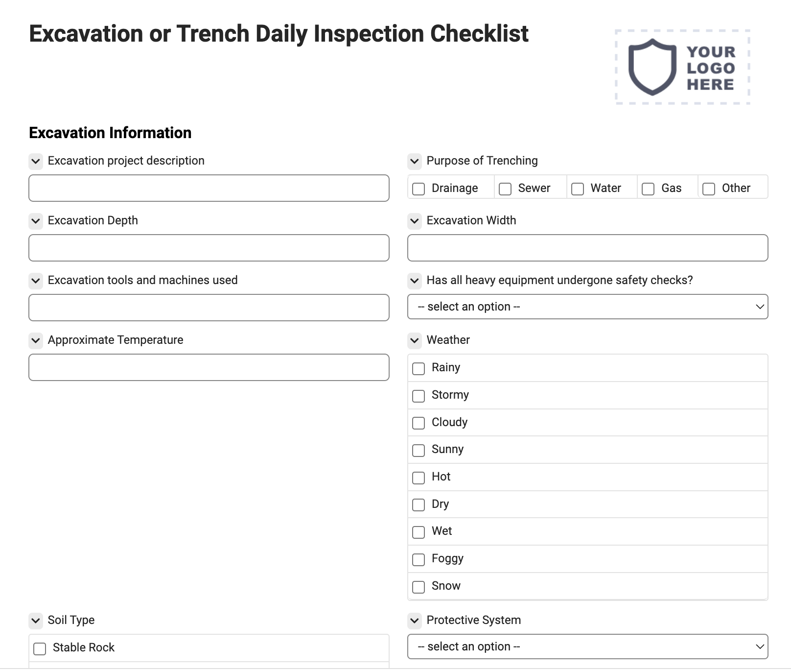 Excavation or Trench Daily Inspection Checklist