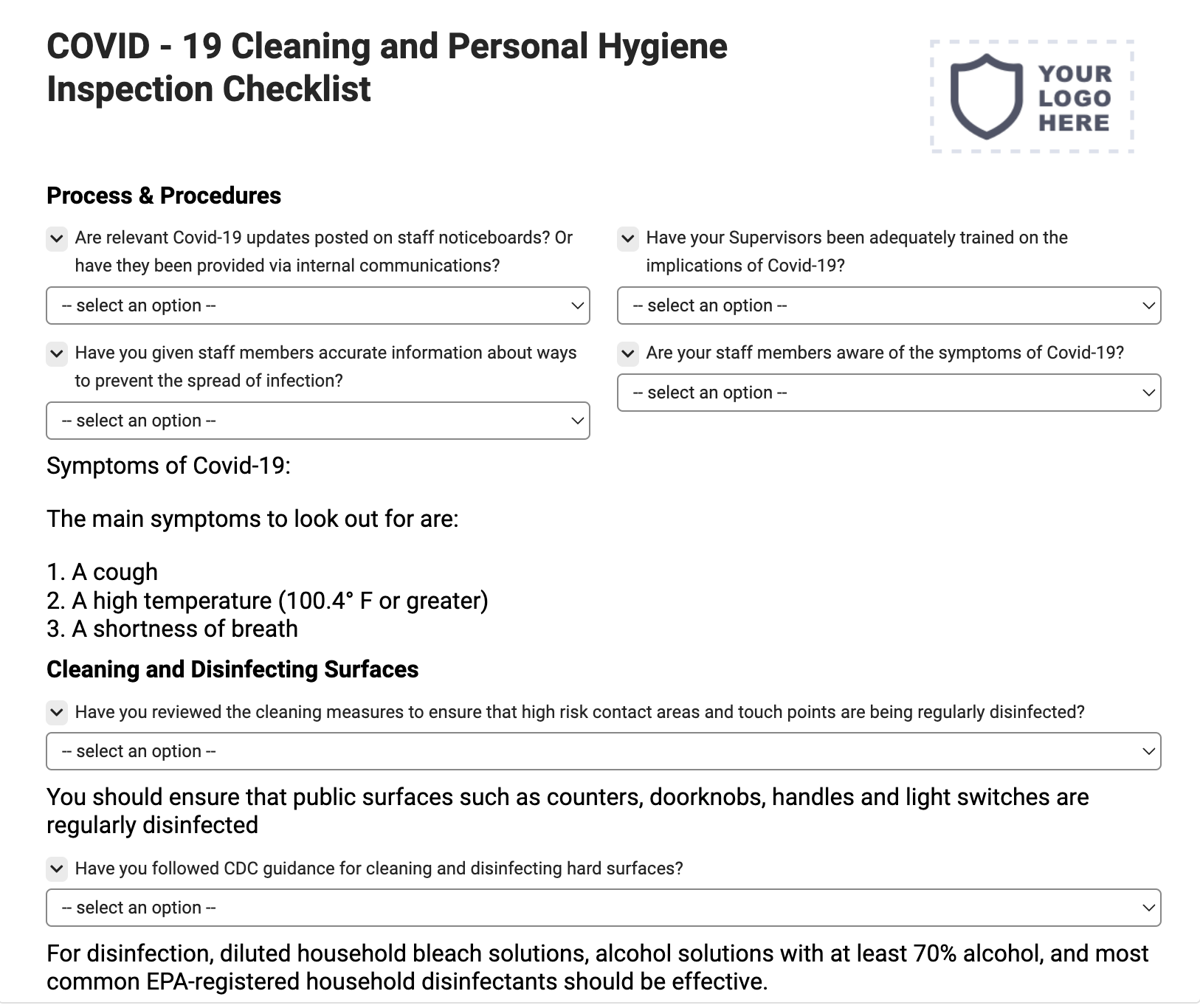 COVID-19 Cleaning and Personal Hygiene Inspection Checklist