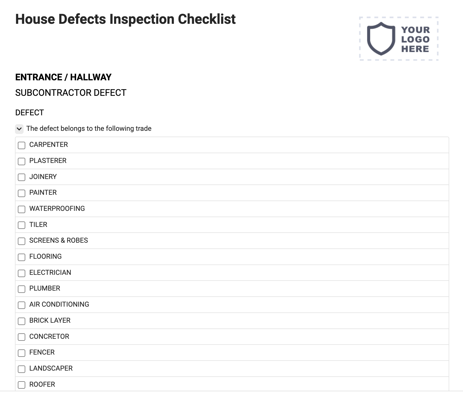 House Defects Inspection Checklist