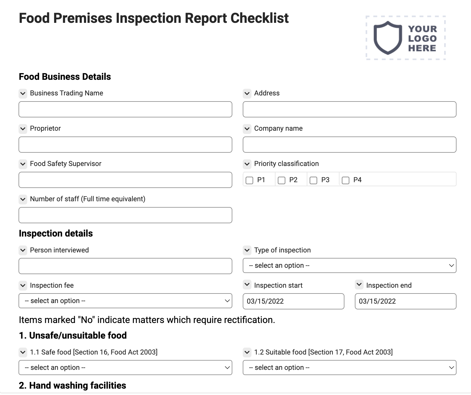 Food Premises Inspection Report Checklist