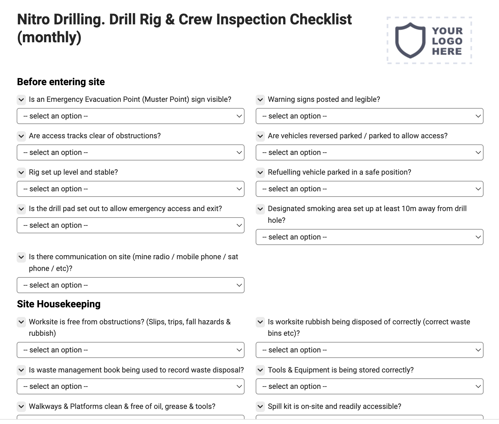 NITRO DRILLING. Drill Rig & Crew Inspection Checklist (monthly)