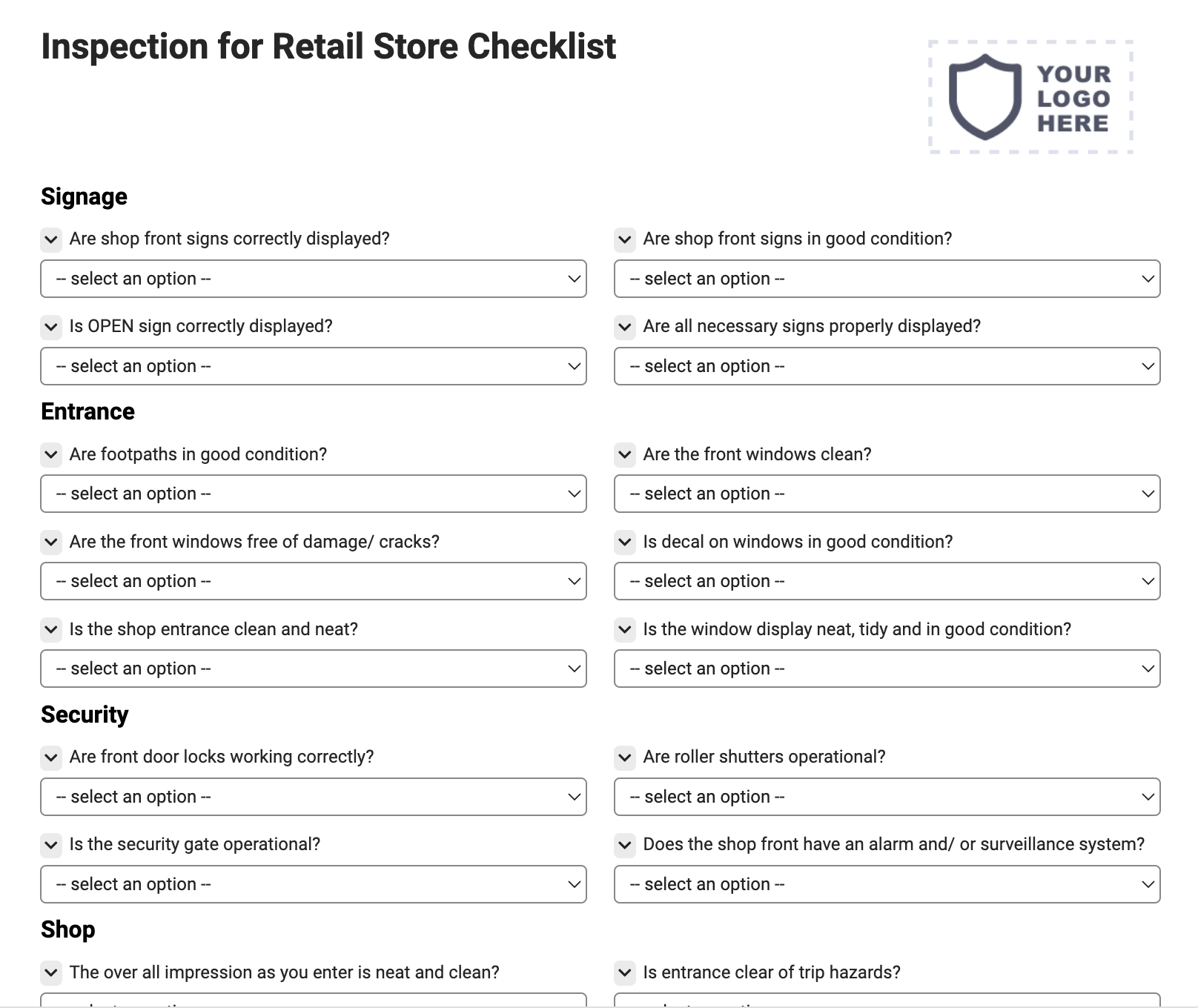 Inspection for Retail Store Checklist