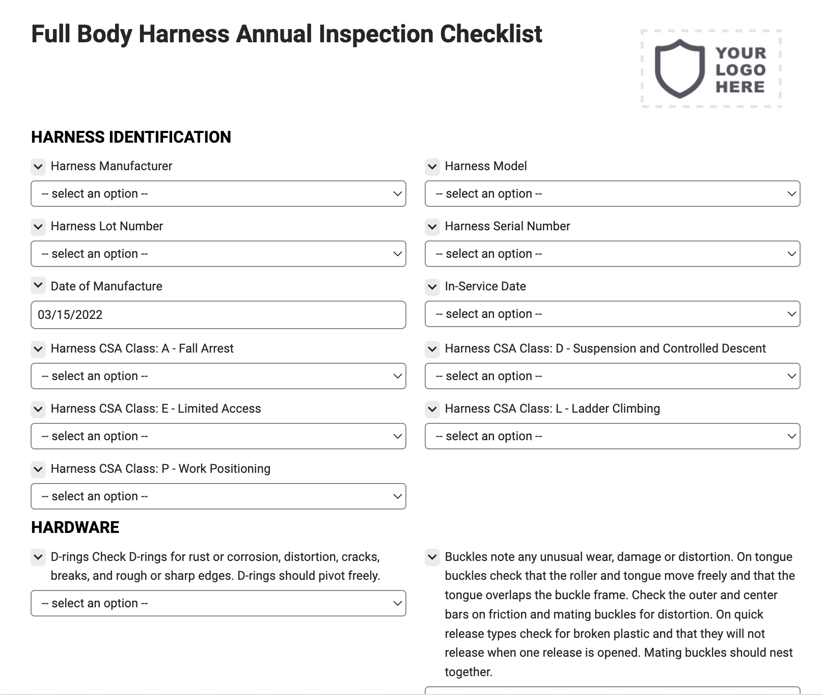 Full Body Harness Annual Inspection Checklist