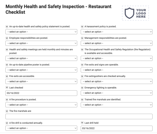 Monthly Health and Safety Inspection - Restaurant Checklist