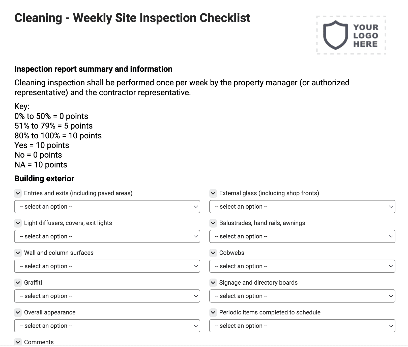 Cleaning - Weekly Site Inspection Checklist