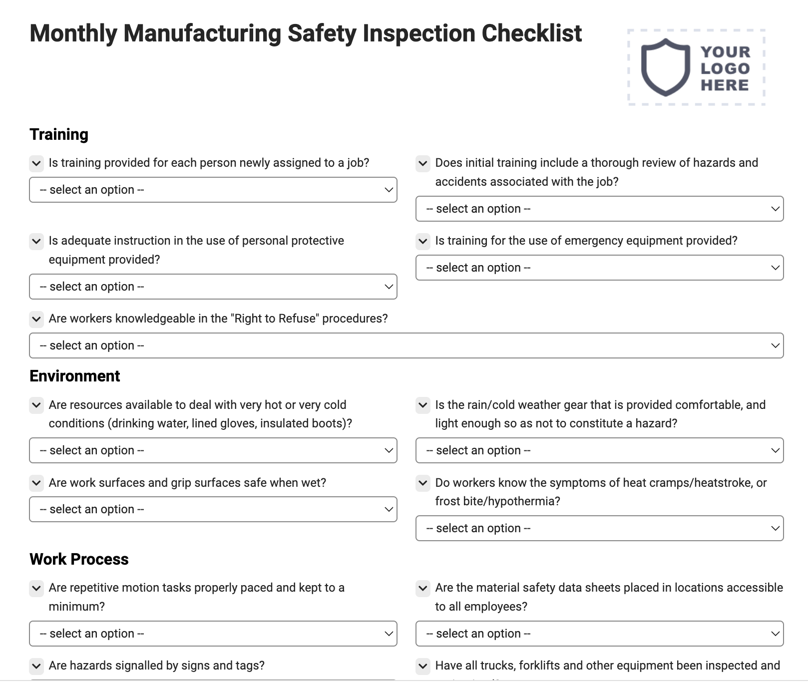 Monthly Manufacturing Safety Inspection Checklist