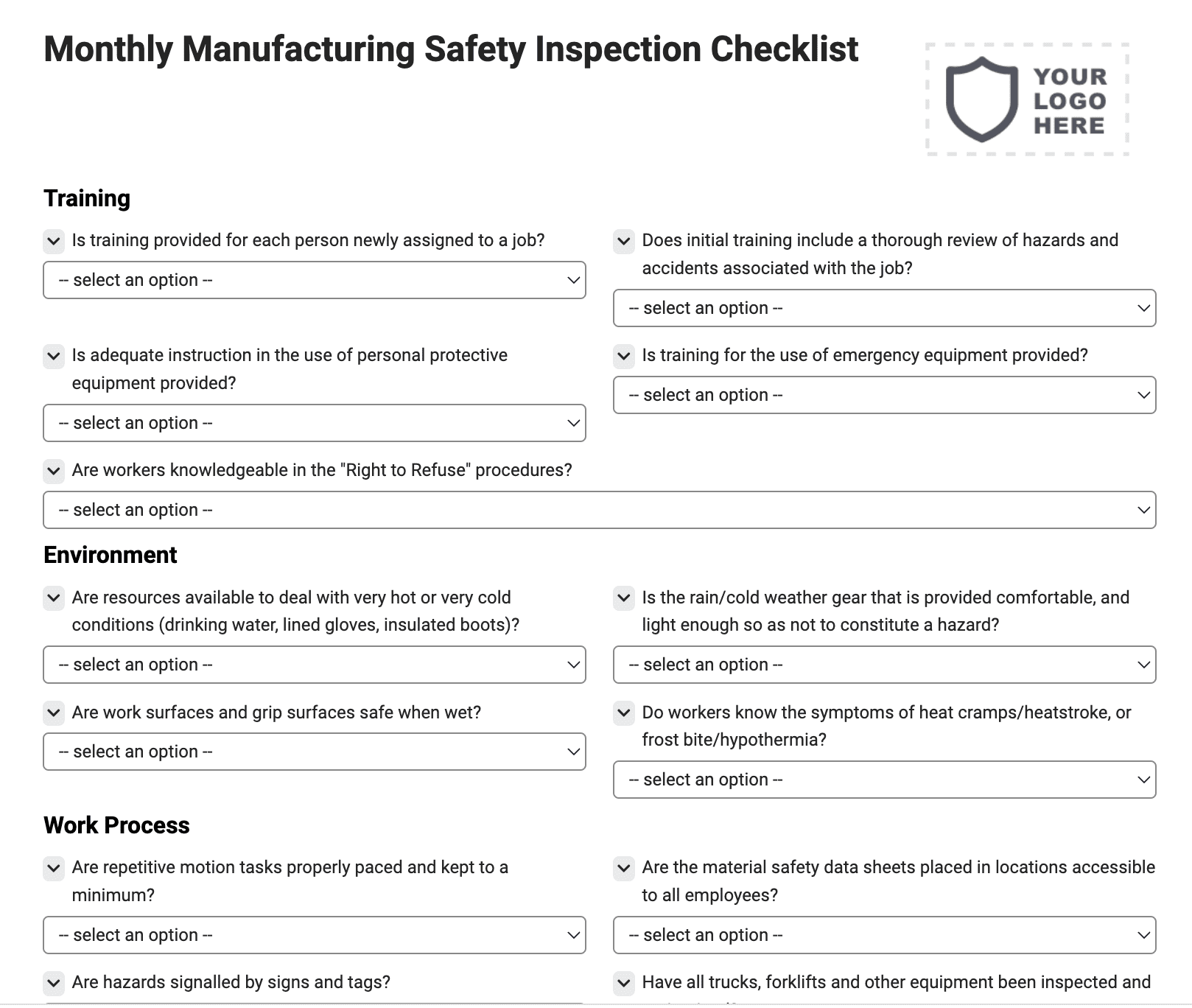 Monthly Manufacturing Safety Inspection Checklist