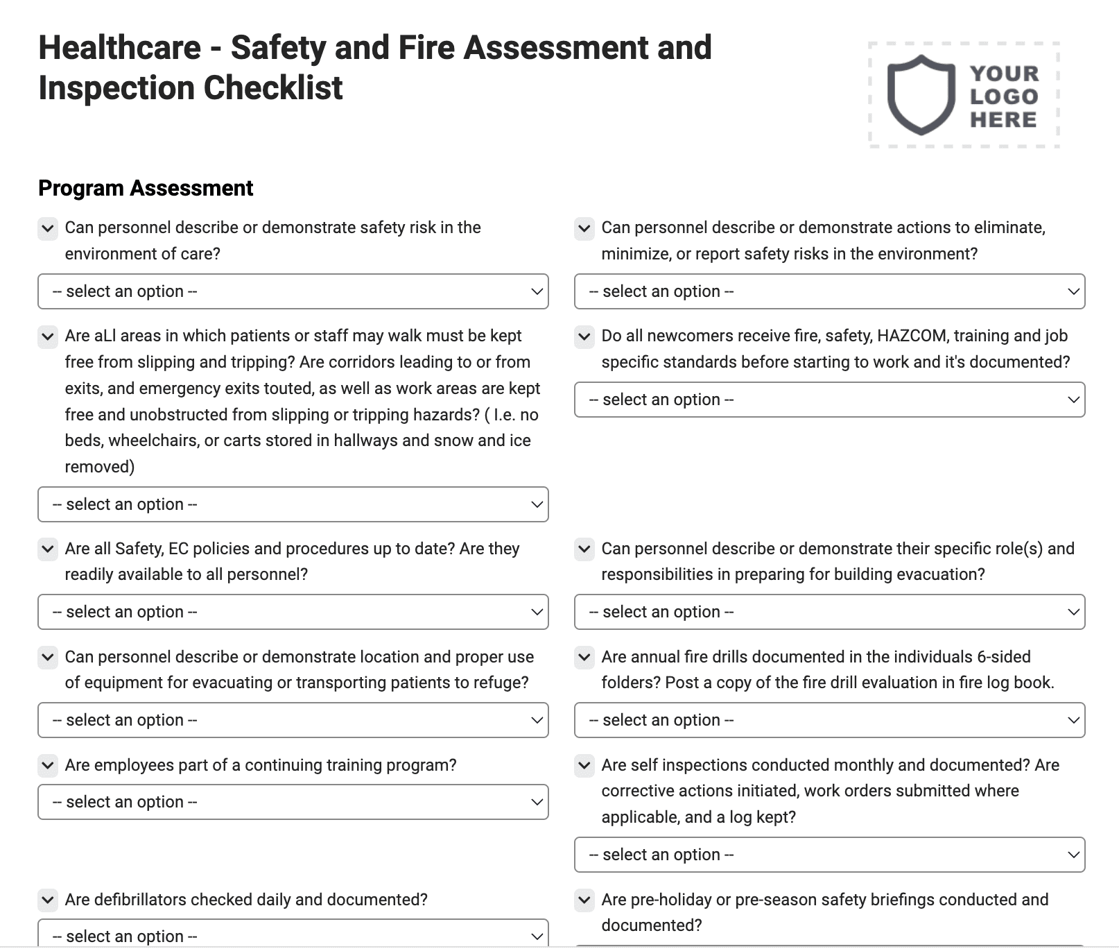 Healthcare - Safety and Fire Assessment and Inspection Checklist