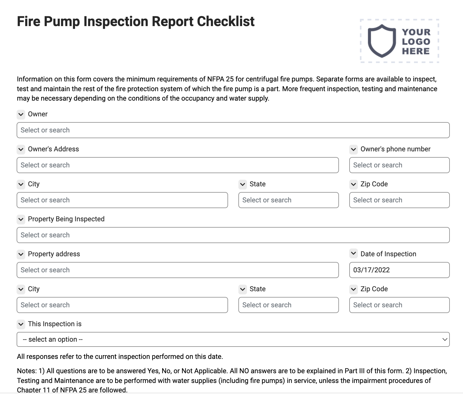 Fire Pump Inspection Report Checklist