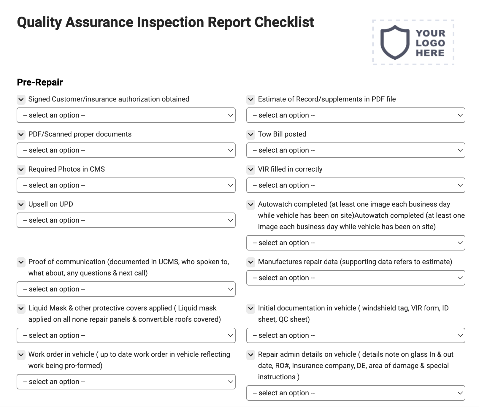 Quality Assurance Inspection Report Checklist