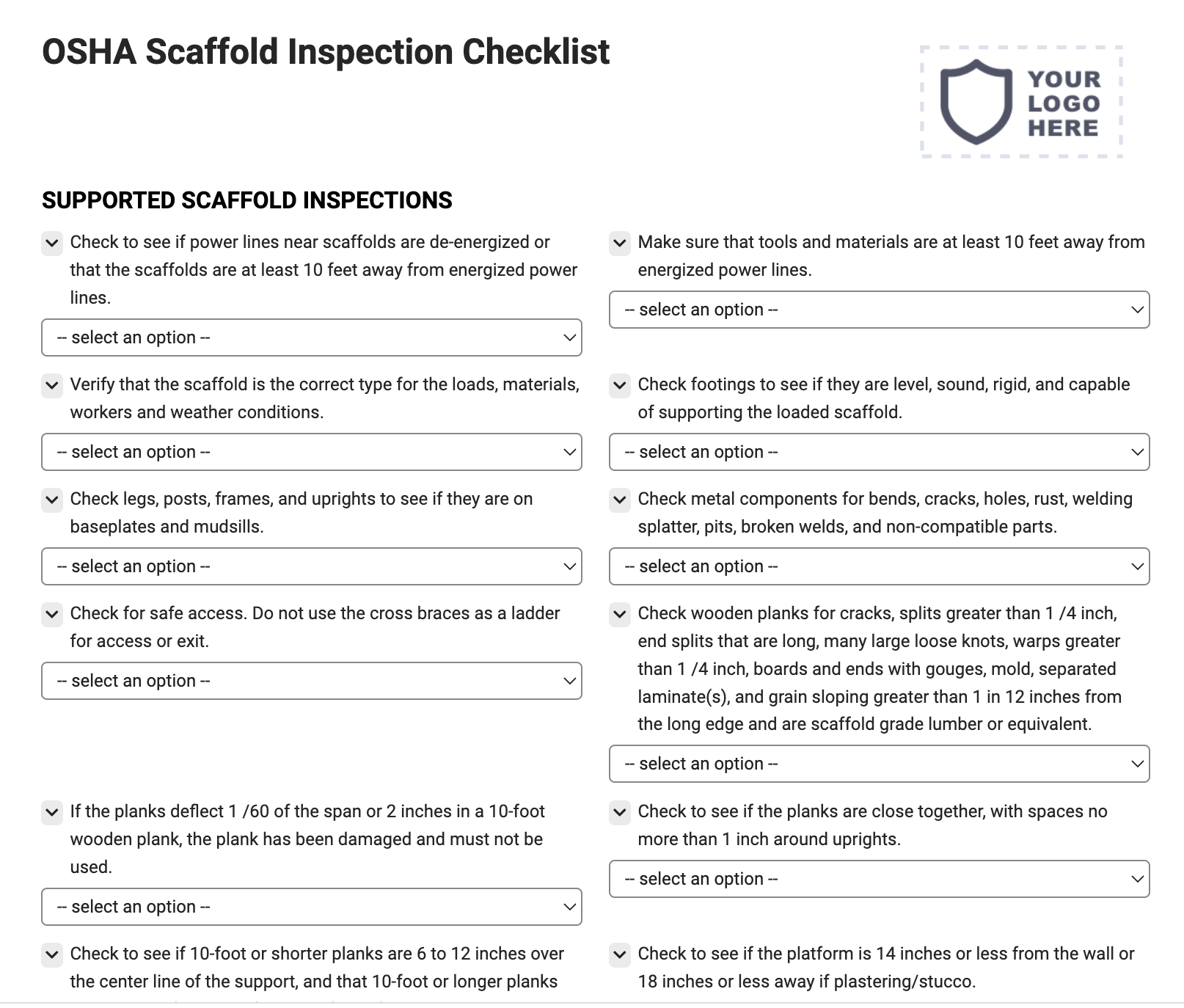 OSHA Scaffold Inspection Checklist