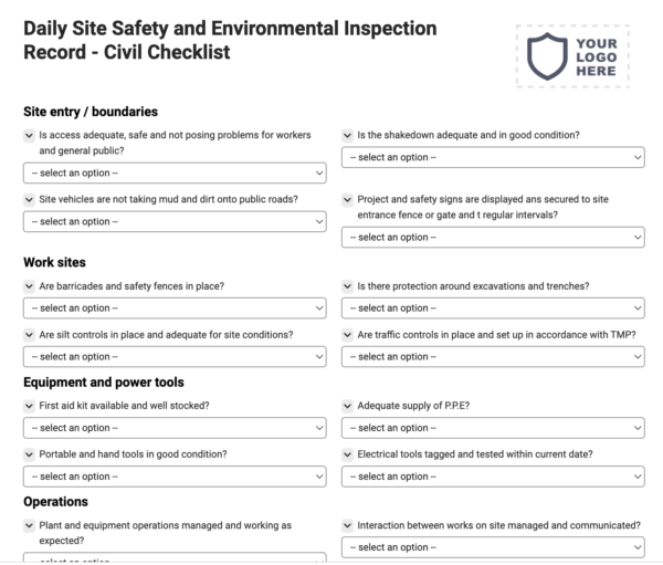 Daily Site Safety and Environmental Inspection Record - Civil Checklist