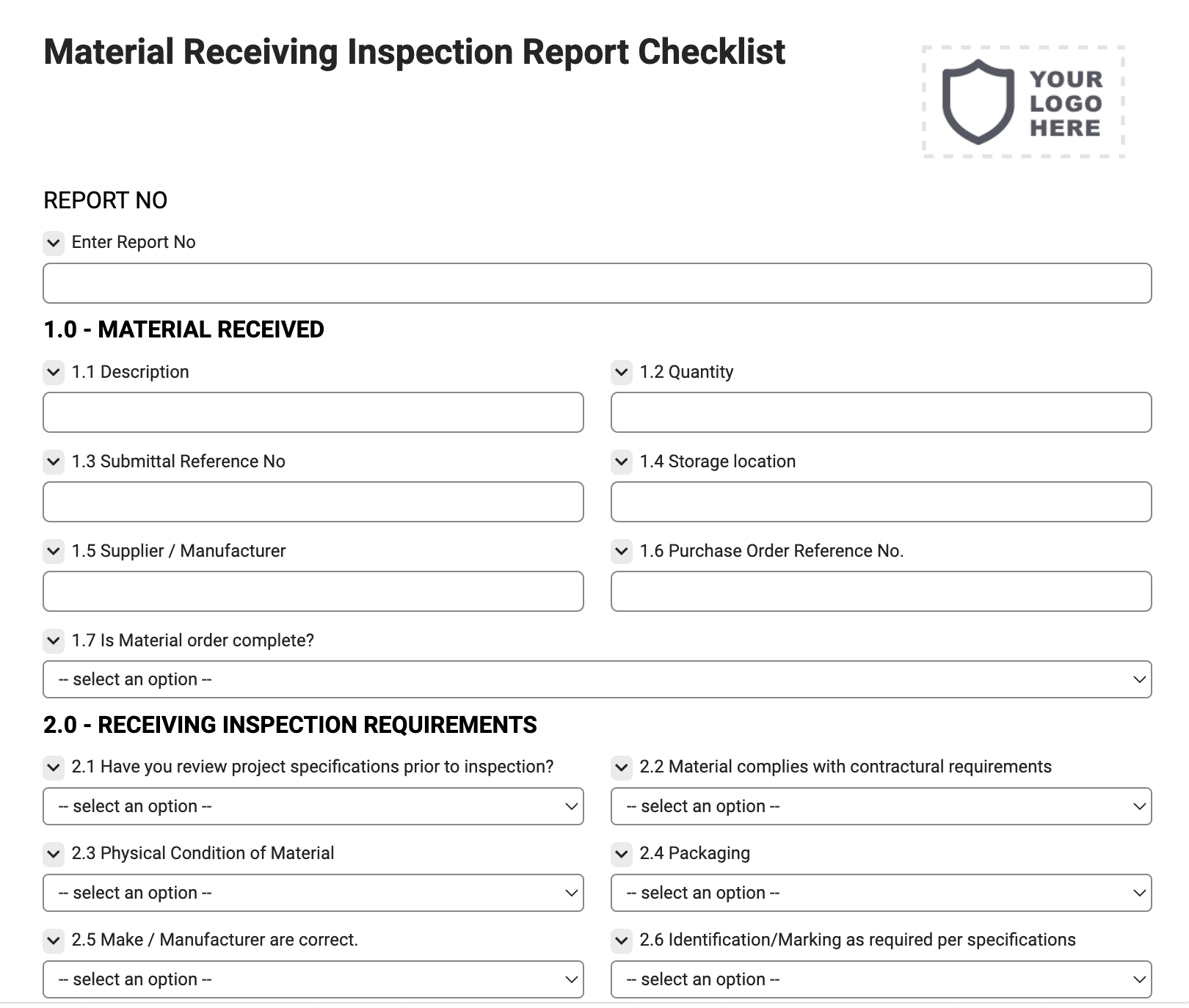 Material Receiving Inspection Report Checklist