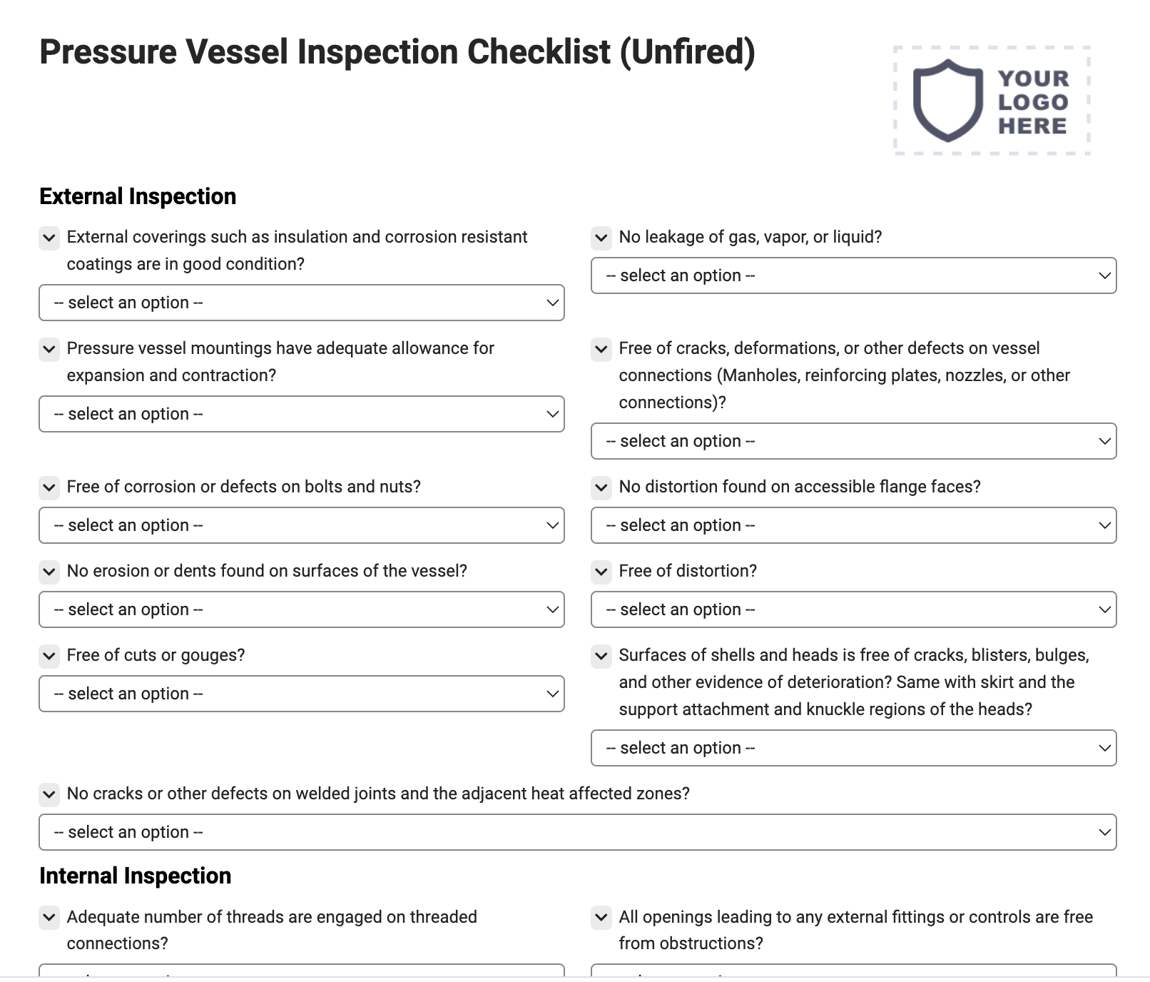 Pressure Vessel Inspection Checklist (unfired)