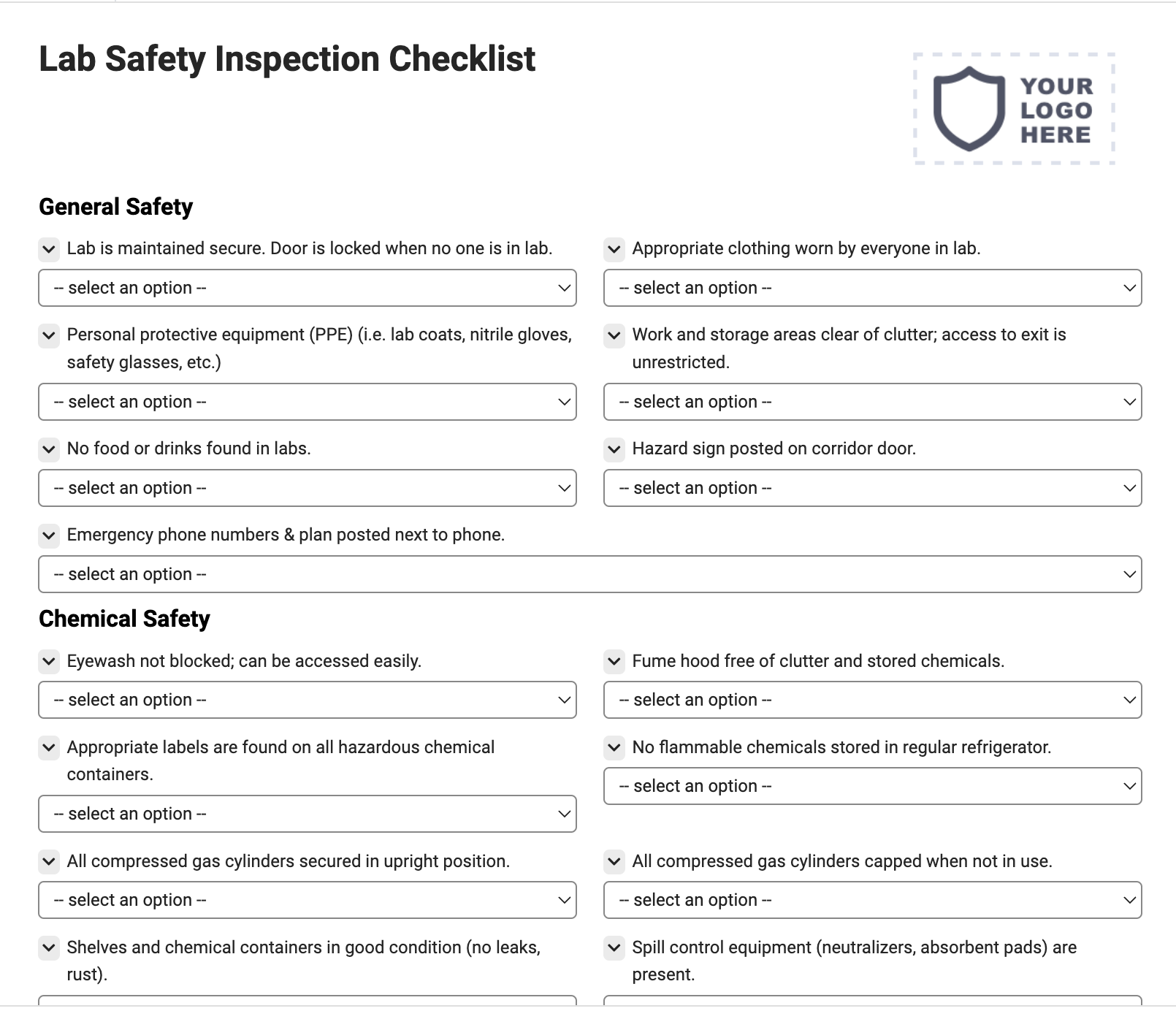 Lab Safety Inspection Checklist