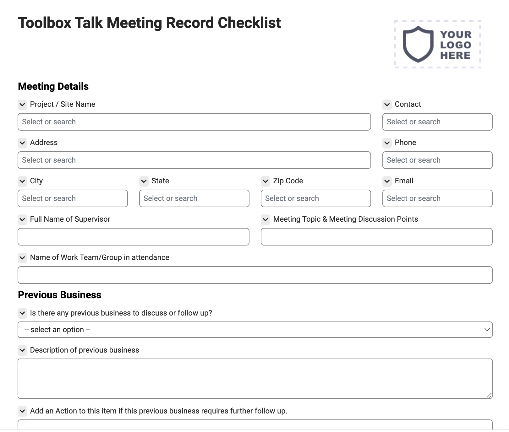 Toolbox Talk Meeting Record Checklist