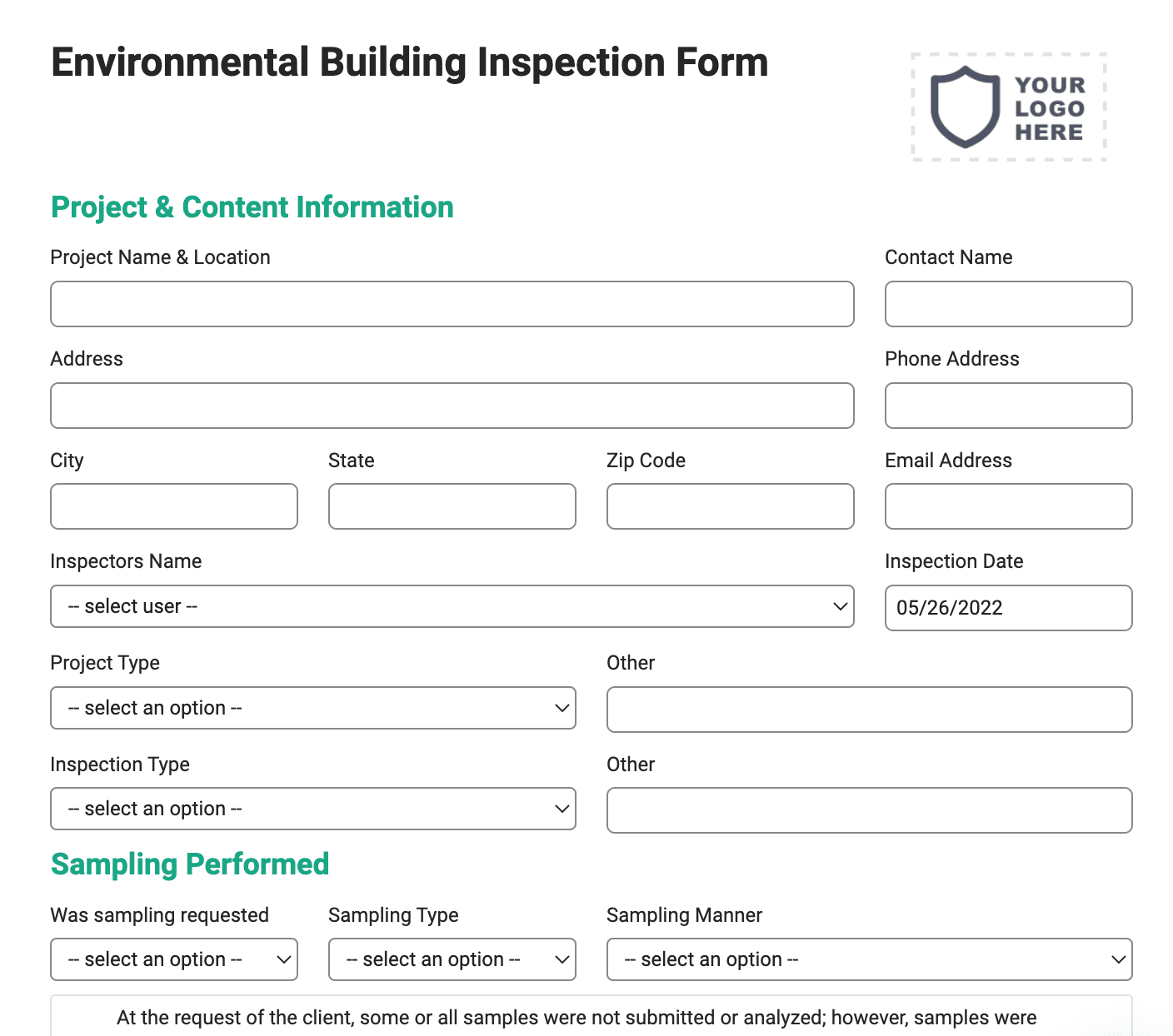 Lead Environmental Building Inspection Testing Form