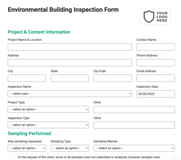 Water Environmental Building Inspection Testing Form