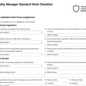 Quality Manager Standard Work Checklist