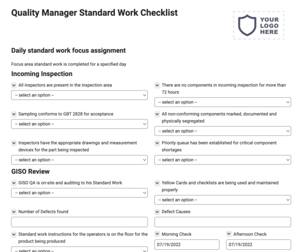 Quality Manager Standard Work Checklist