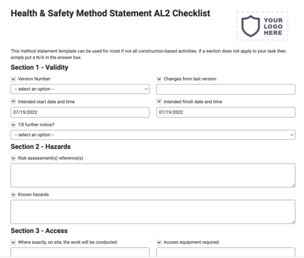 Health & Safety Method Statement AL2 Checklist