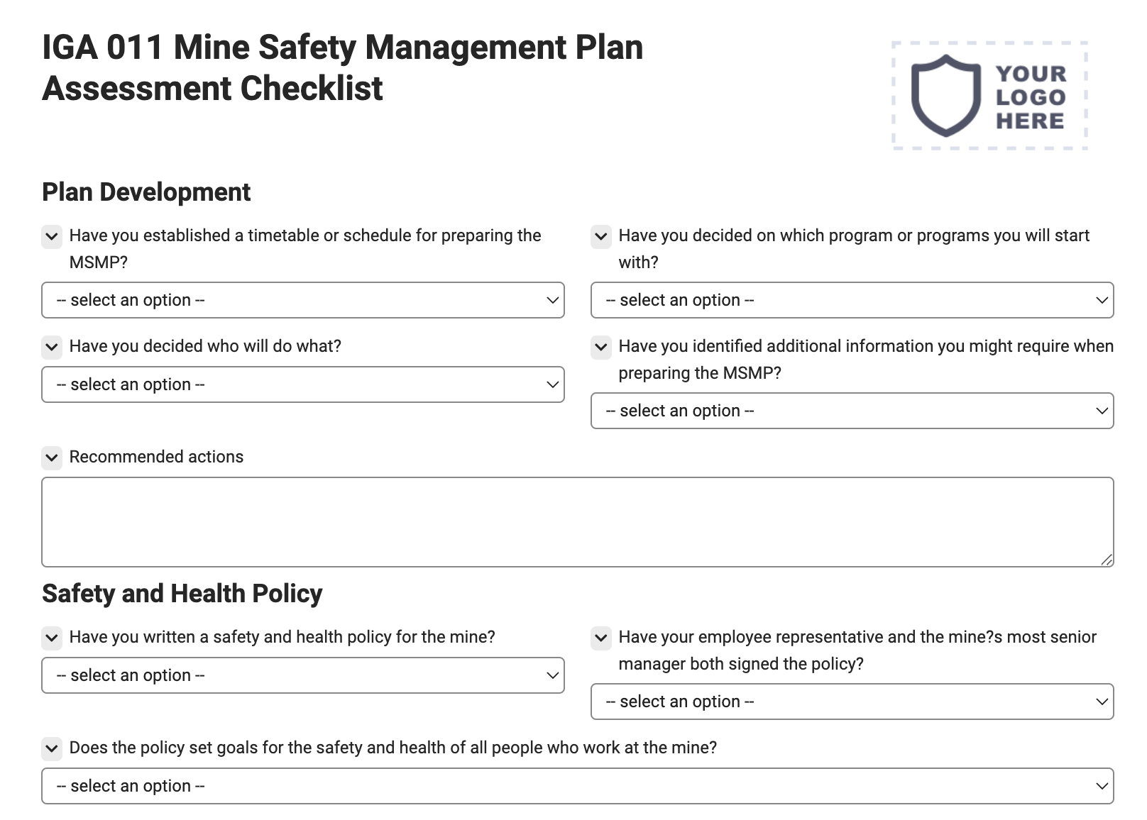 IGA 011 Mine Safety Management Plan Assessment Checklist