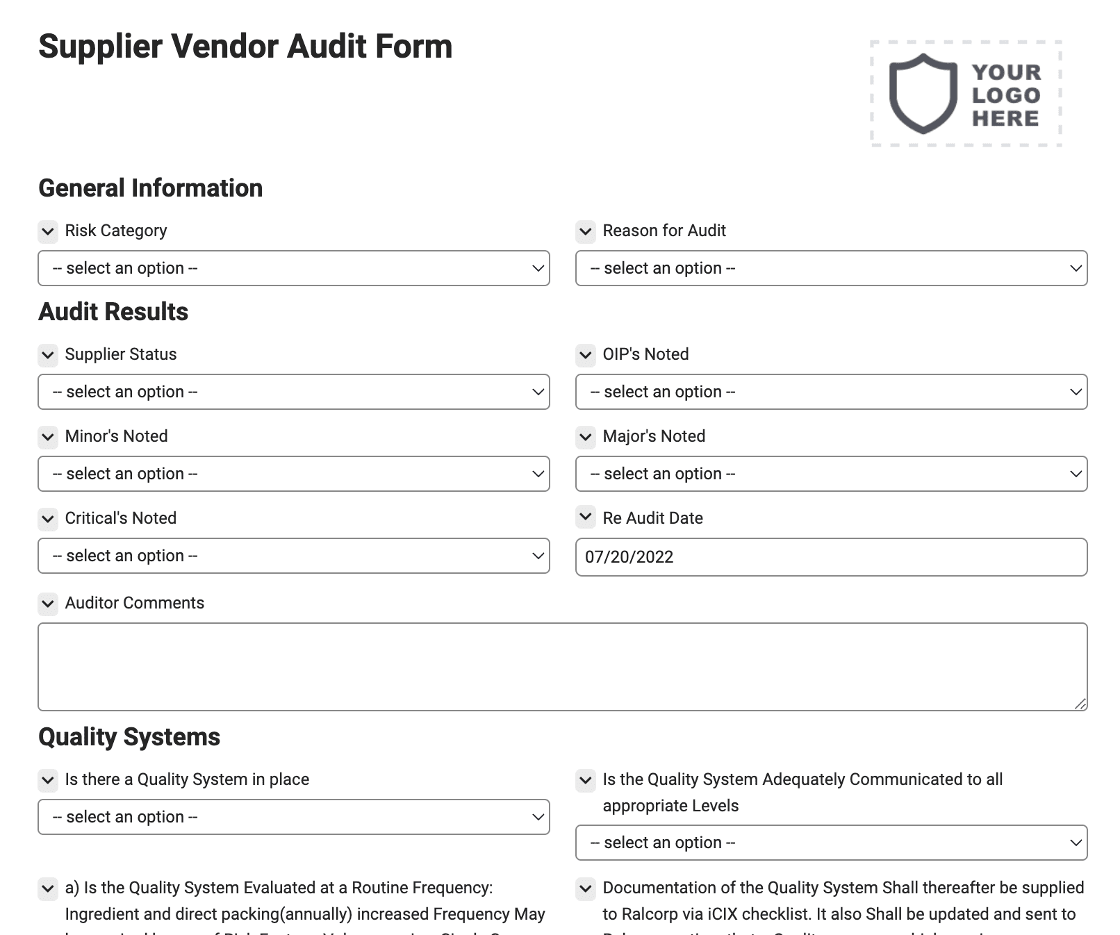 Supplier - Vendor Audit Form