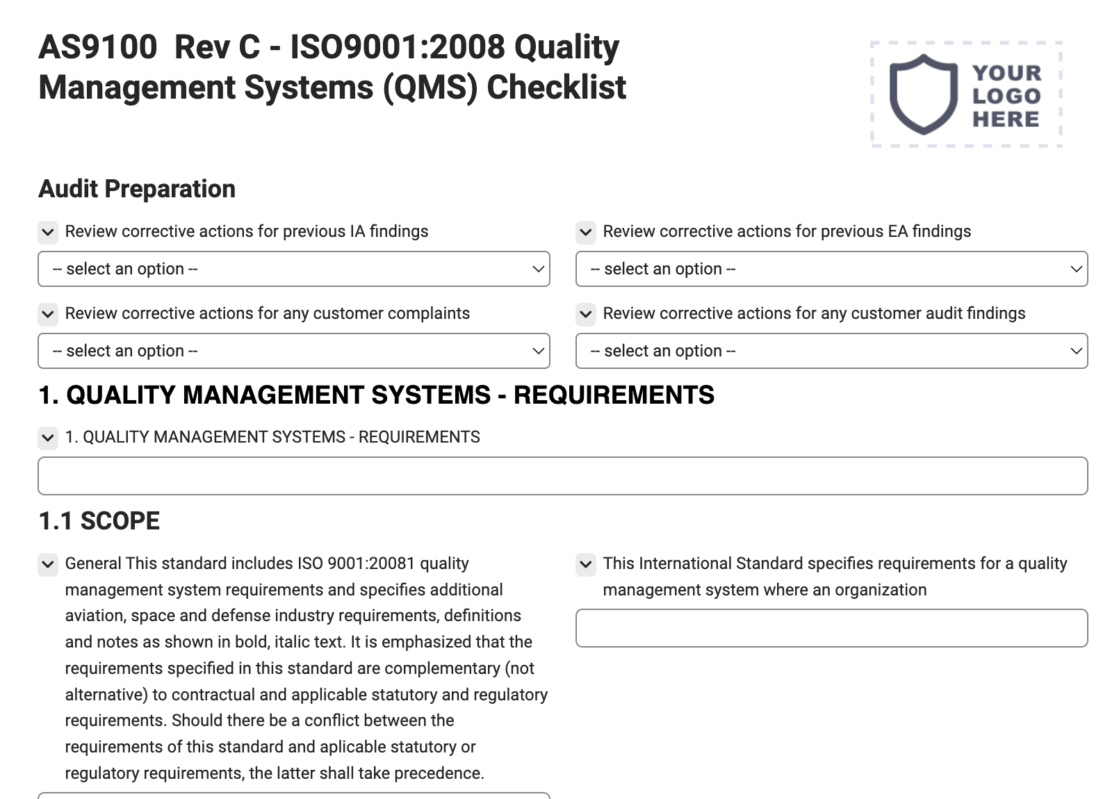 AS9100 Rev C - ISO9001:2008 Quality Management Systems (QMS) Checklist
