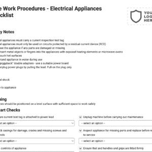 Safe Work Procedures - Electrical Appliances Checklist