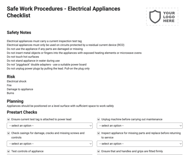 Safe Work Procedures - Electrical Appliances Checklist