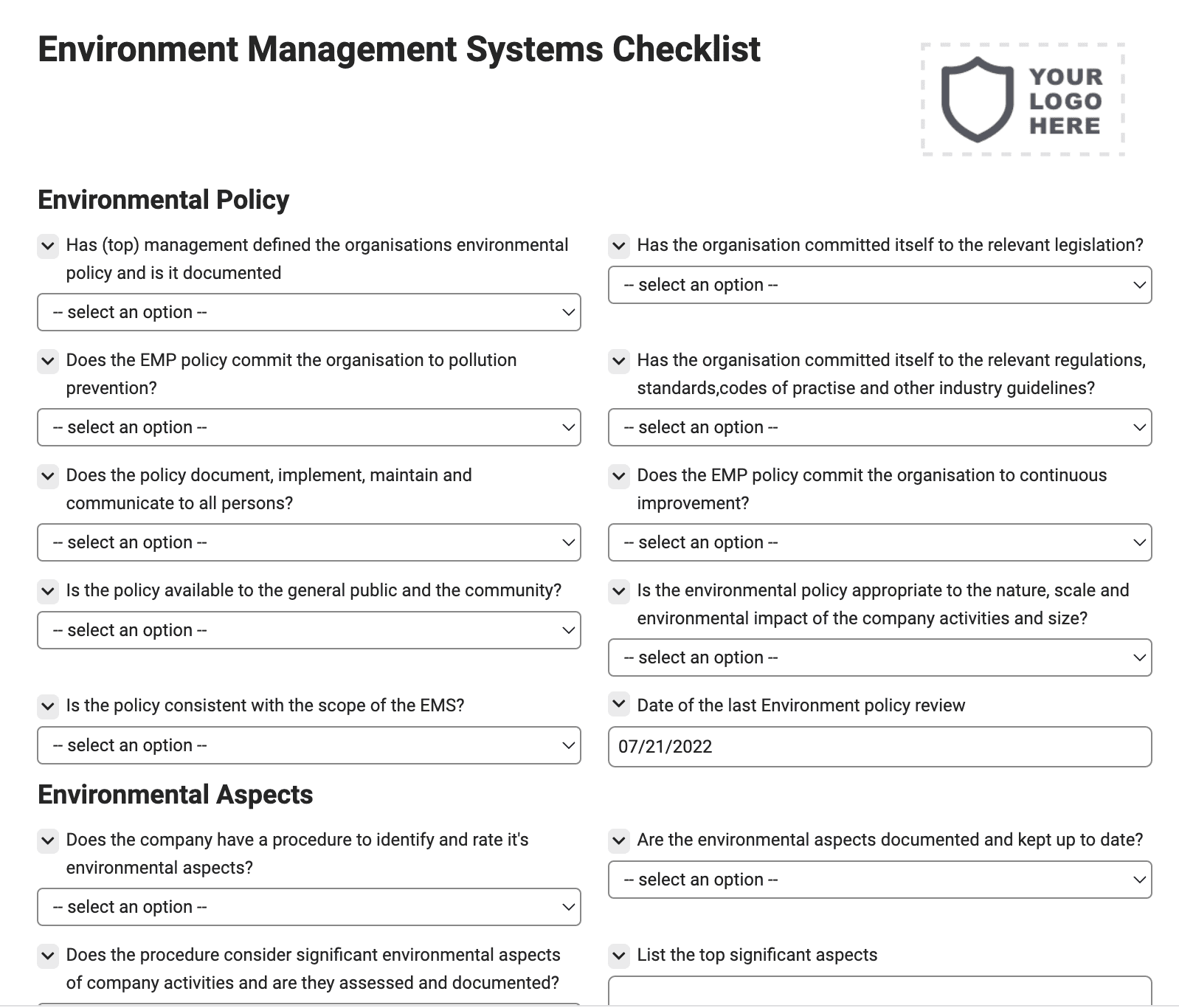 ISO 14001:2004 Environment Management Systems Checklist
