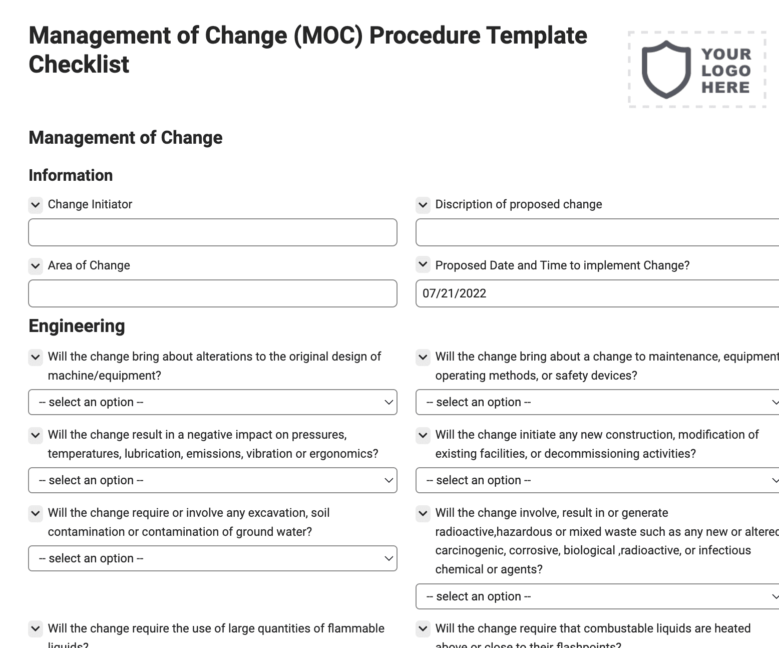 Management of Change (MOC) Procedure Template Checklist