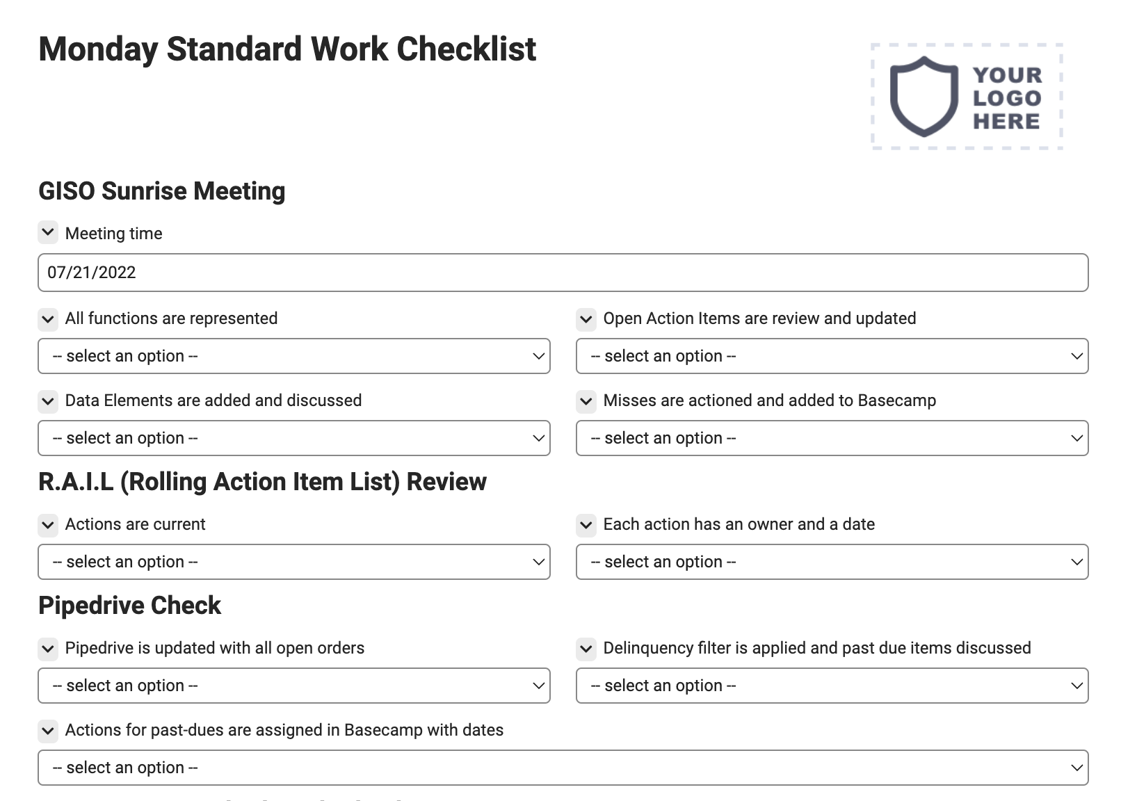 Monday Standard Work Checklist