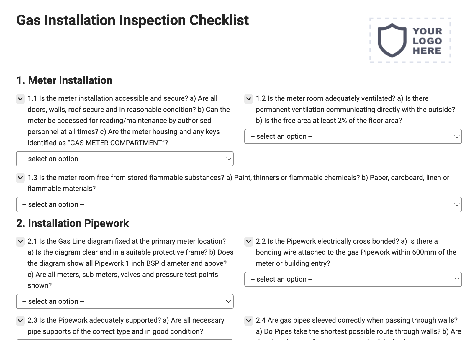 Gas Installation Inspection Checklist