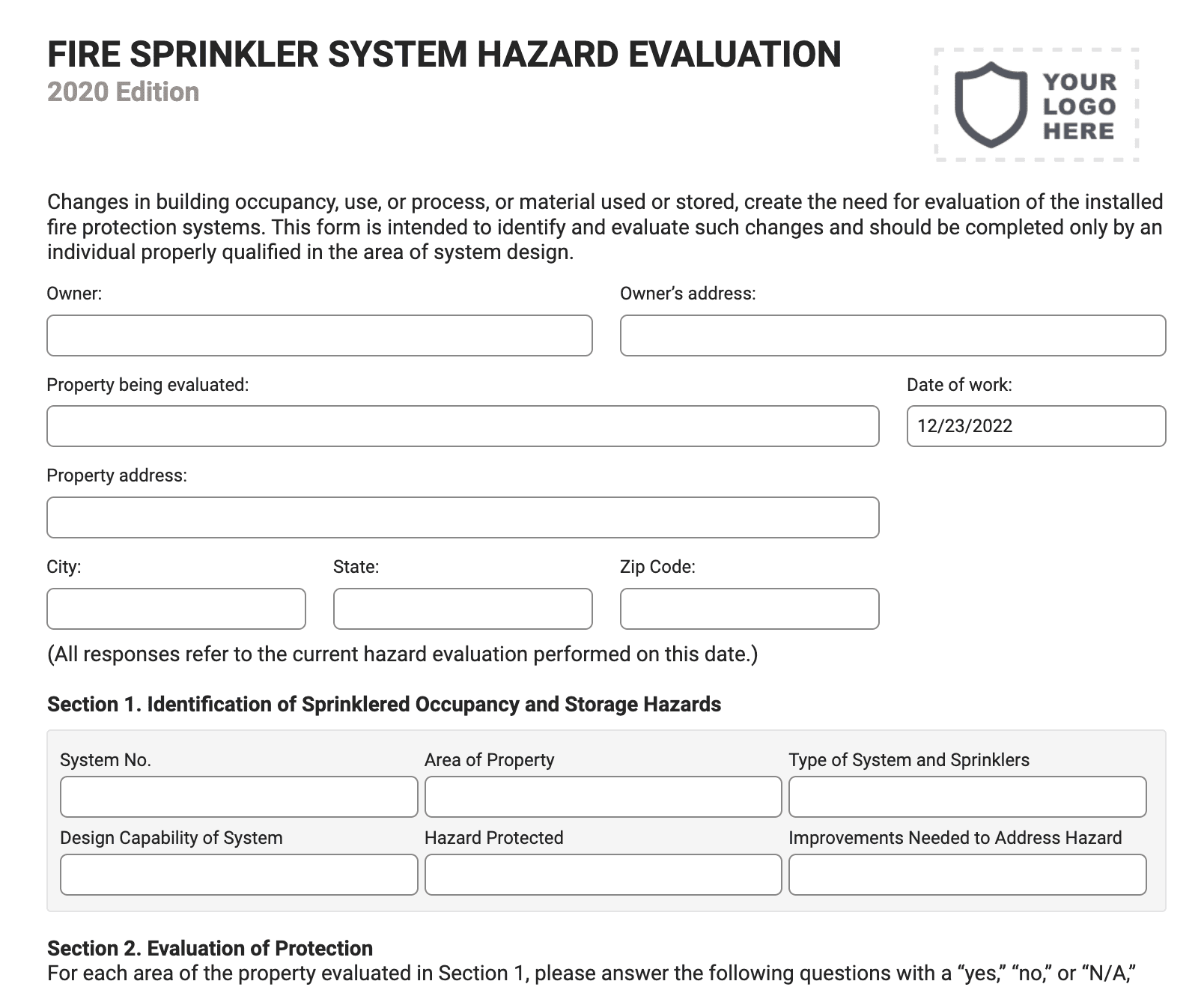 Fire Sprinkler System Hazard Evaluation Form