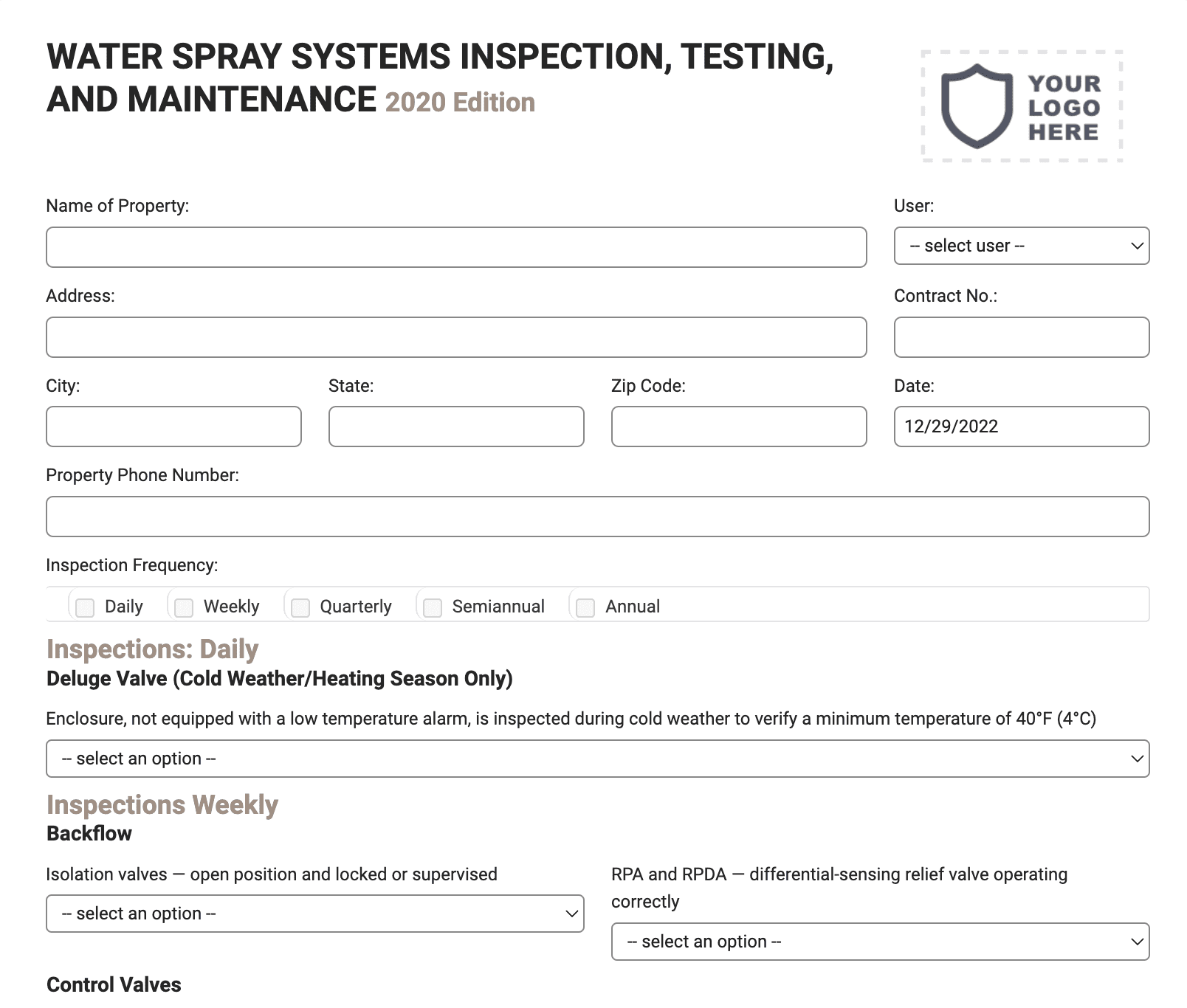 Water Spray Systems Inspection Form