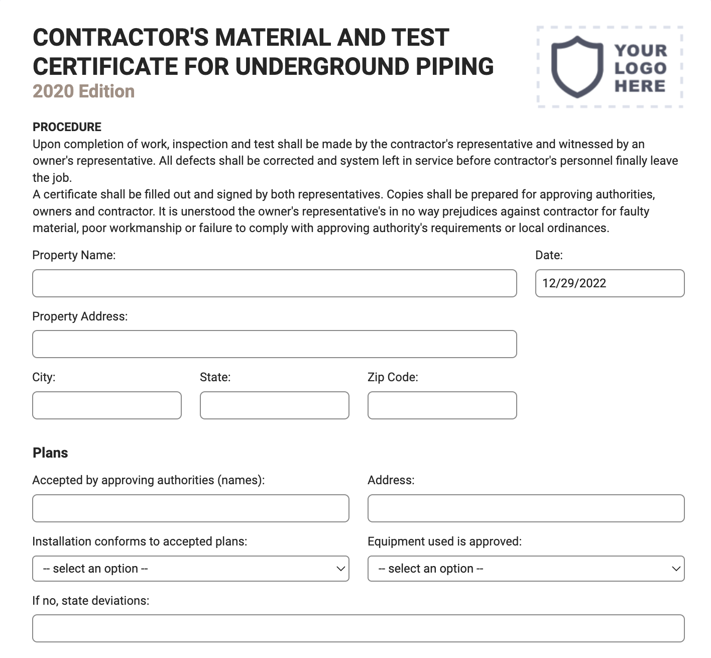 contractor’s material and test certificate for underground piping form