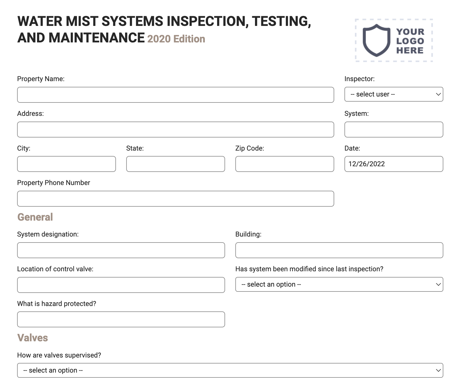 water mist systems inspection form