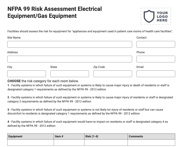 NFPA 99 equipment risk assessment form