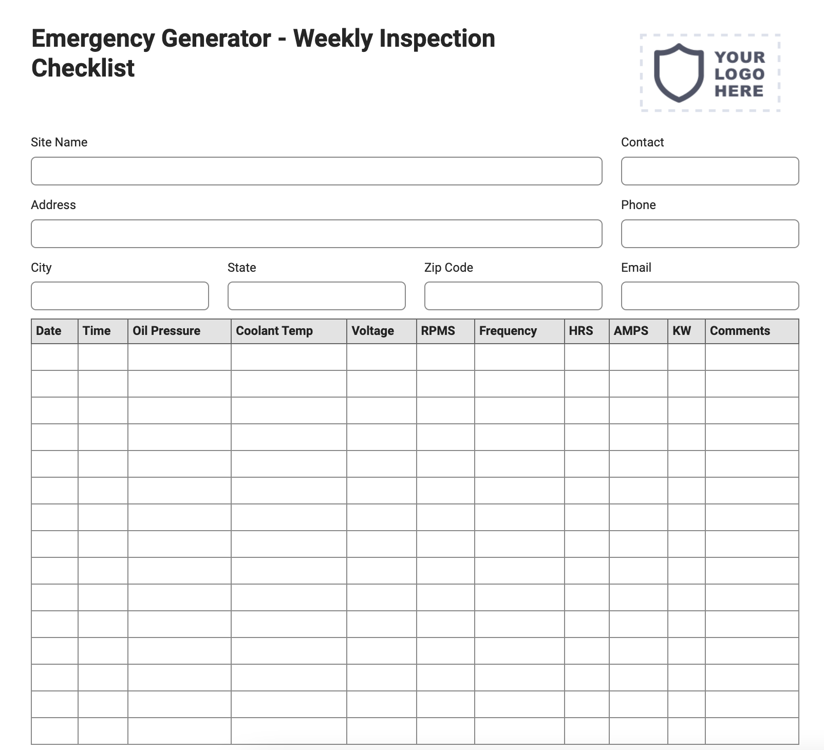 Weekly Emergency Generator Inspection Form