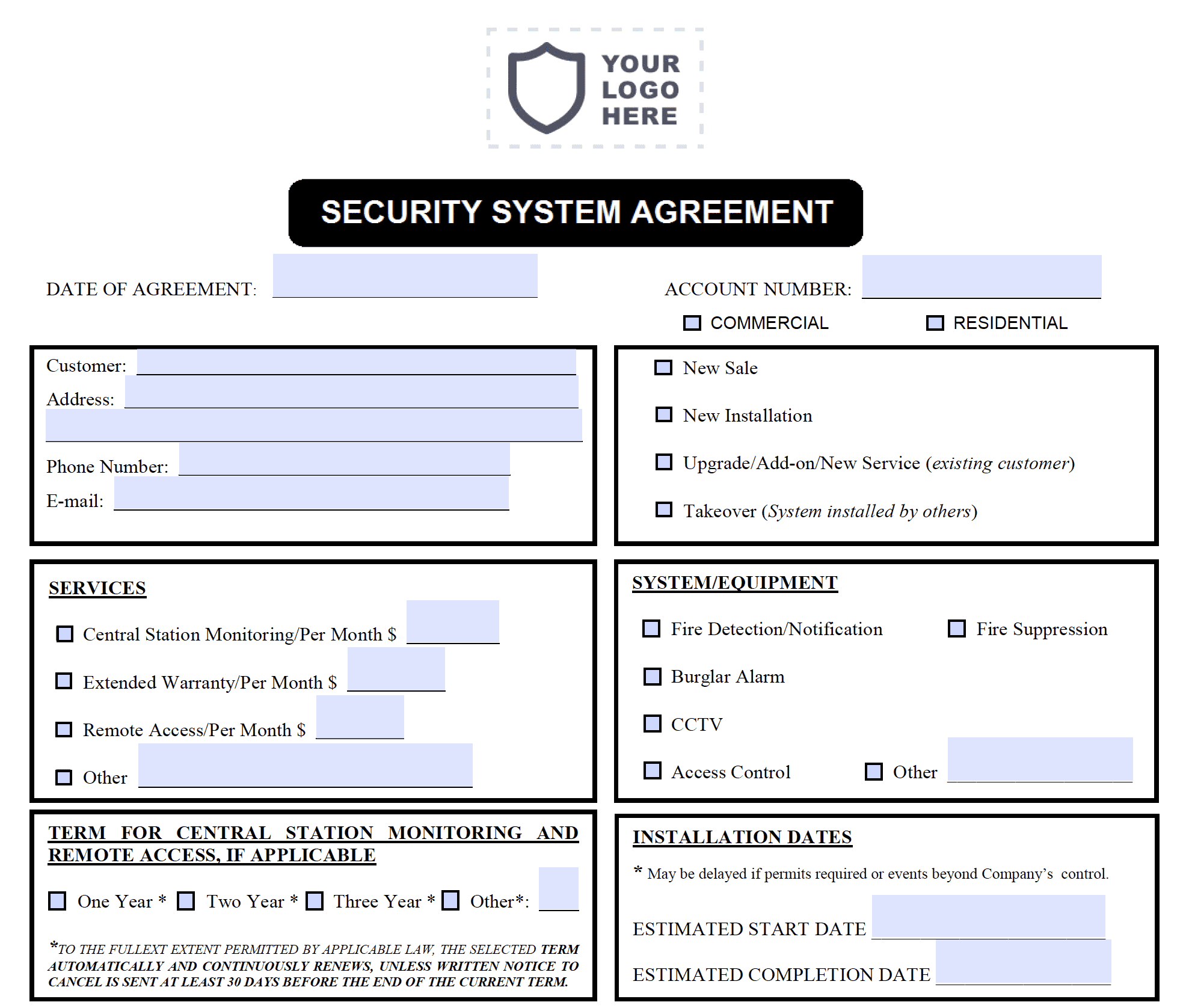 alarm monitoring agreement form template