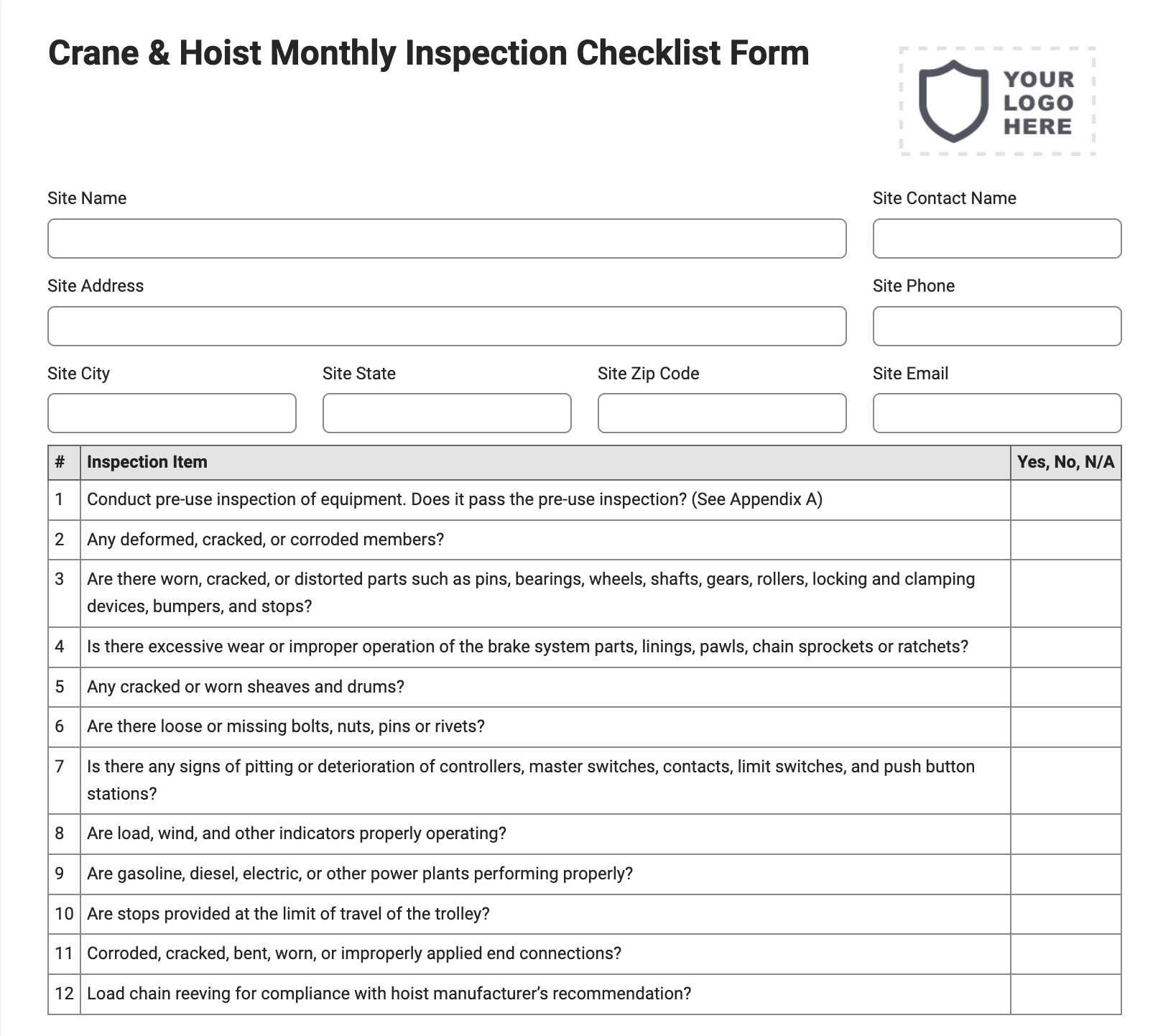 Crane and Hoist Monthly Inspection Checklist Form