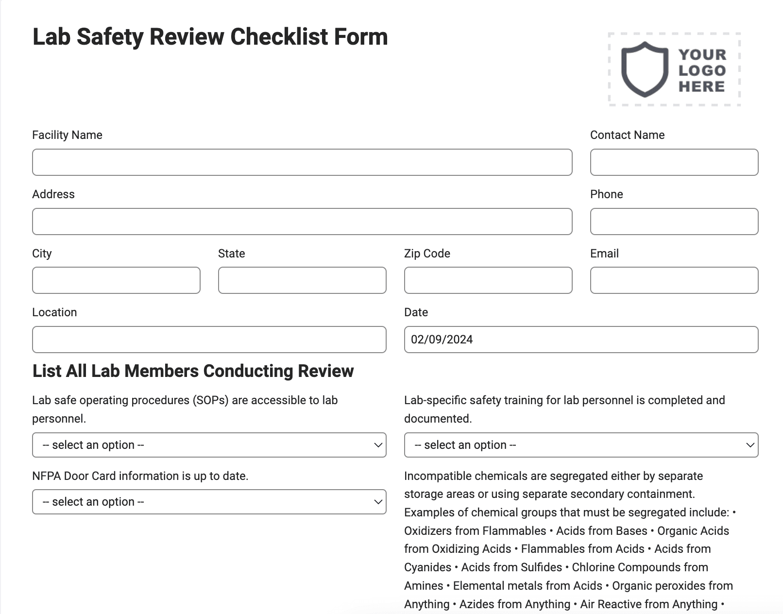 Laboratory Self Inspection Checklist Form